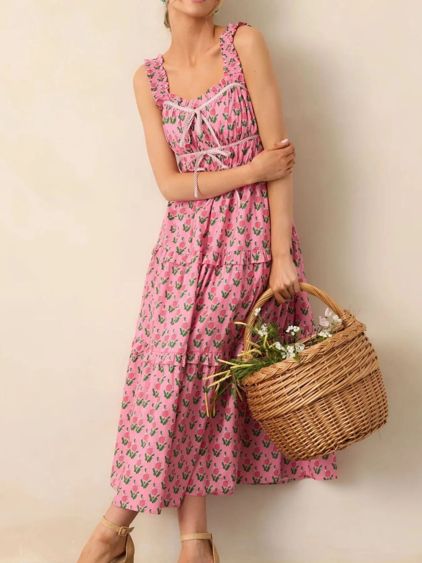 Floral Print Ruffled Midi Dress with Pockets