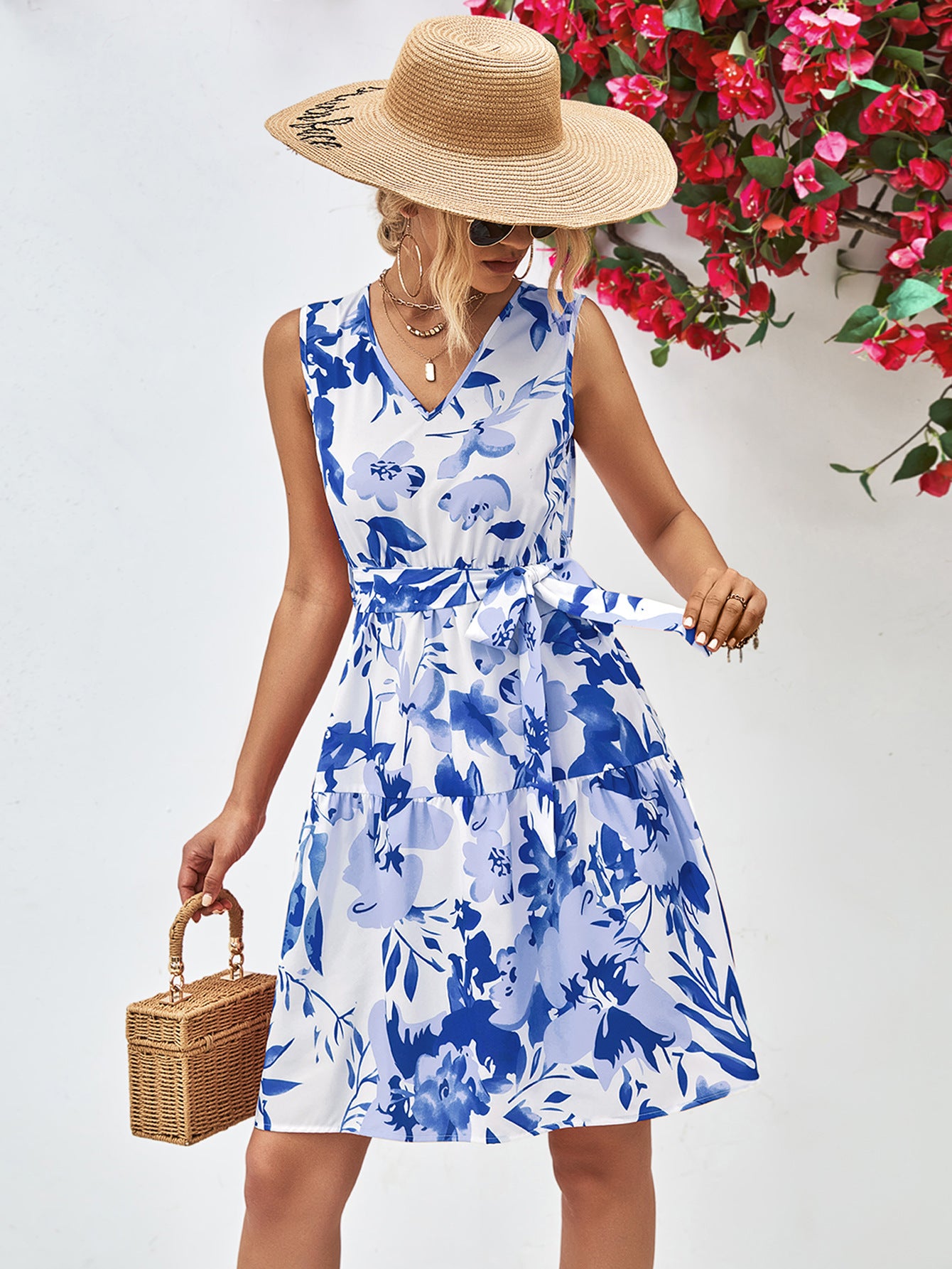 Floral V-Neck Tie Waist Sleeveless Dress - Blushé Belle