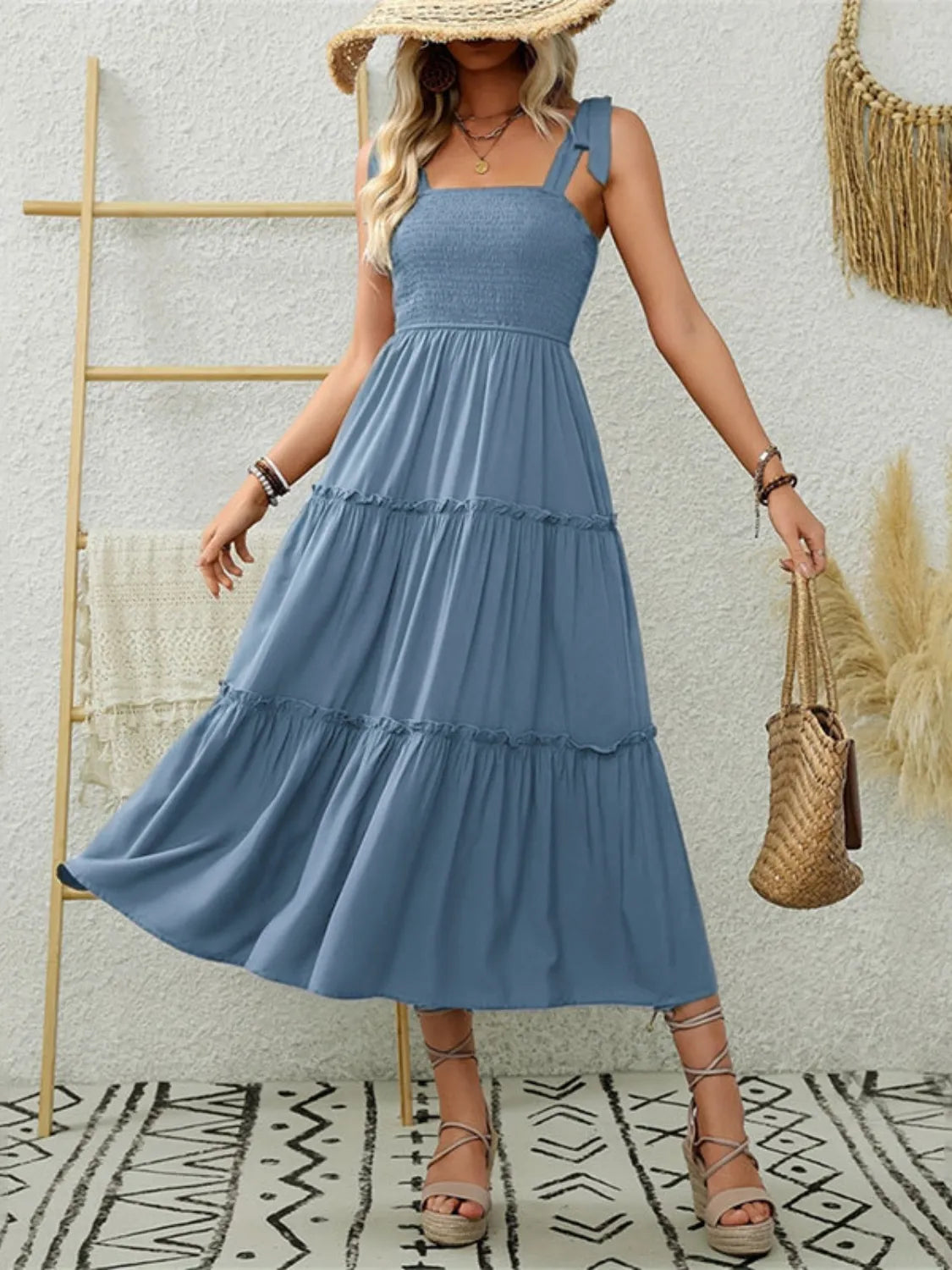 Smocked Tiered Midi Dress with Tie Straps - Blushé Belle