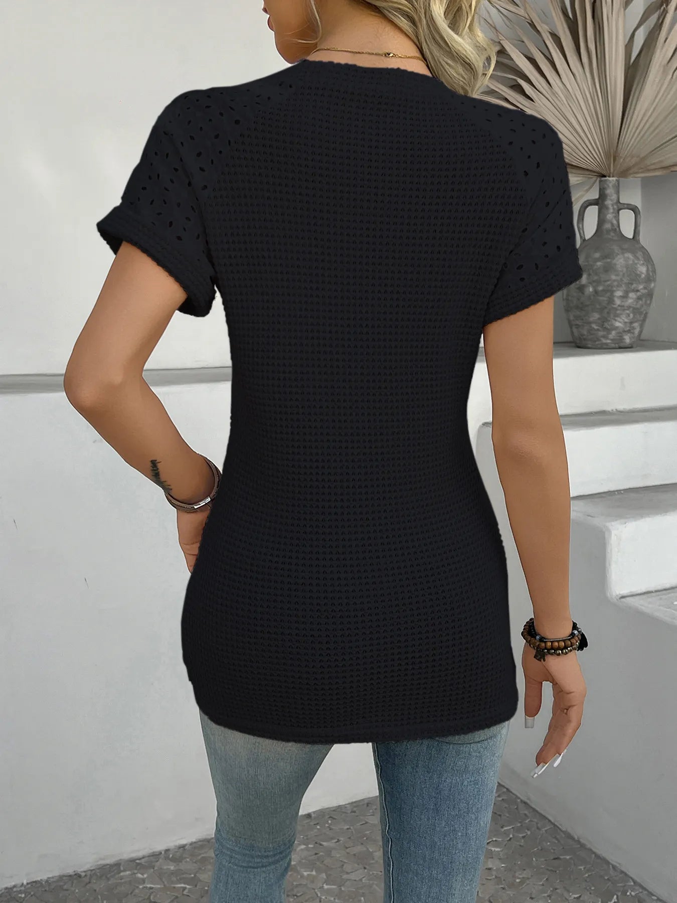 Hollow Out Waffle Knit Short Sleeve T-Shirt - Blushé Belle