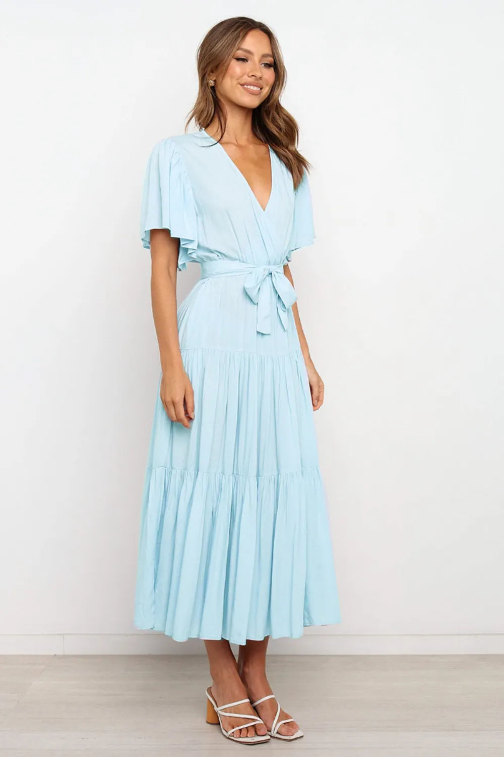 Tied Back Tiered Short Sleeve Midi Dress - Blushé Belle