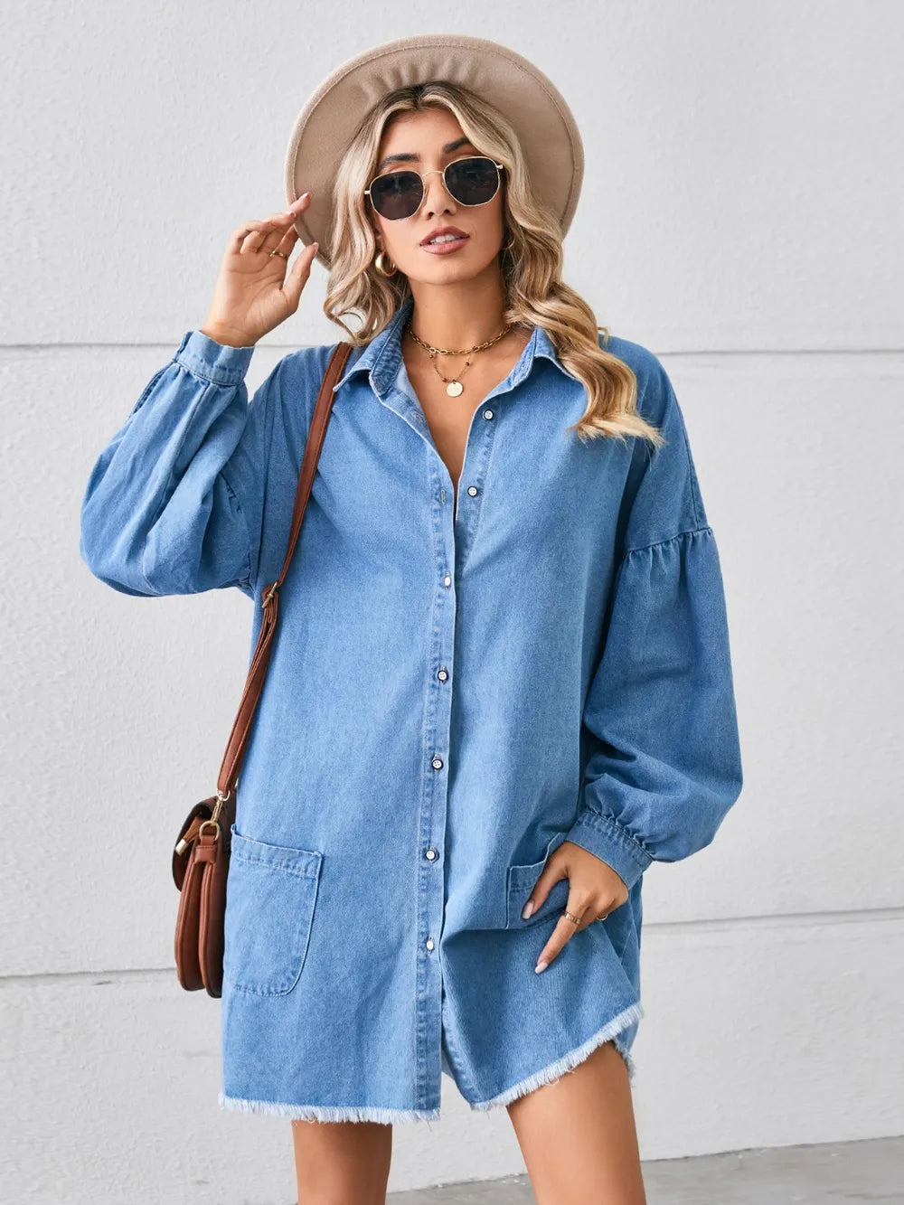 Button Up Pocketed Raw Hem Denim Dress - Blushé Belle