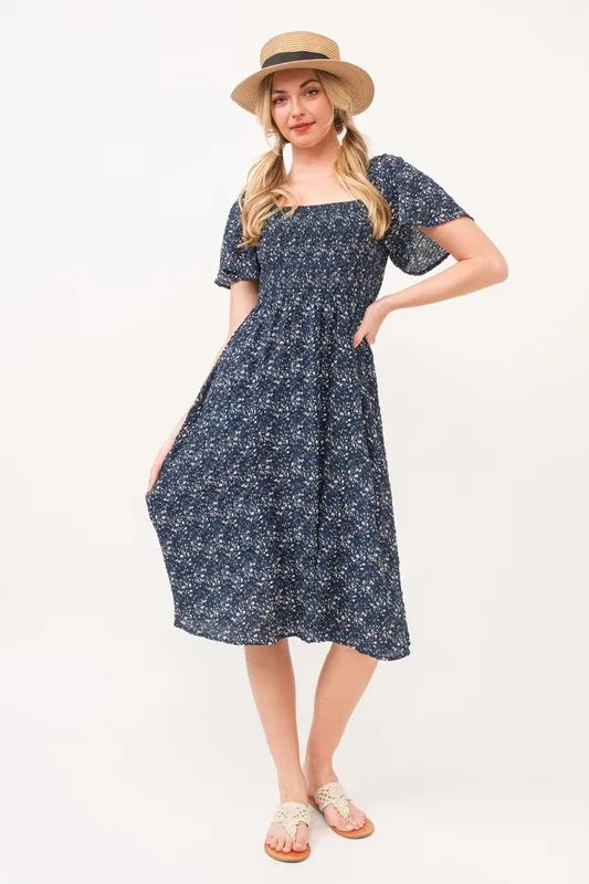 Lime 'N' Chili Smocked Floral Print Flutter Sleeve Midi Dress - Blushé Belle