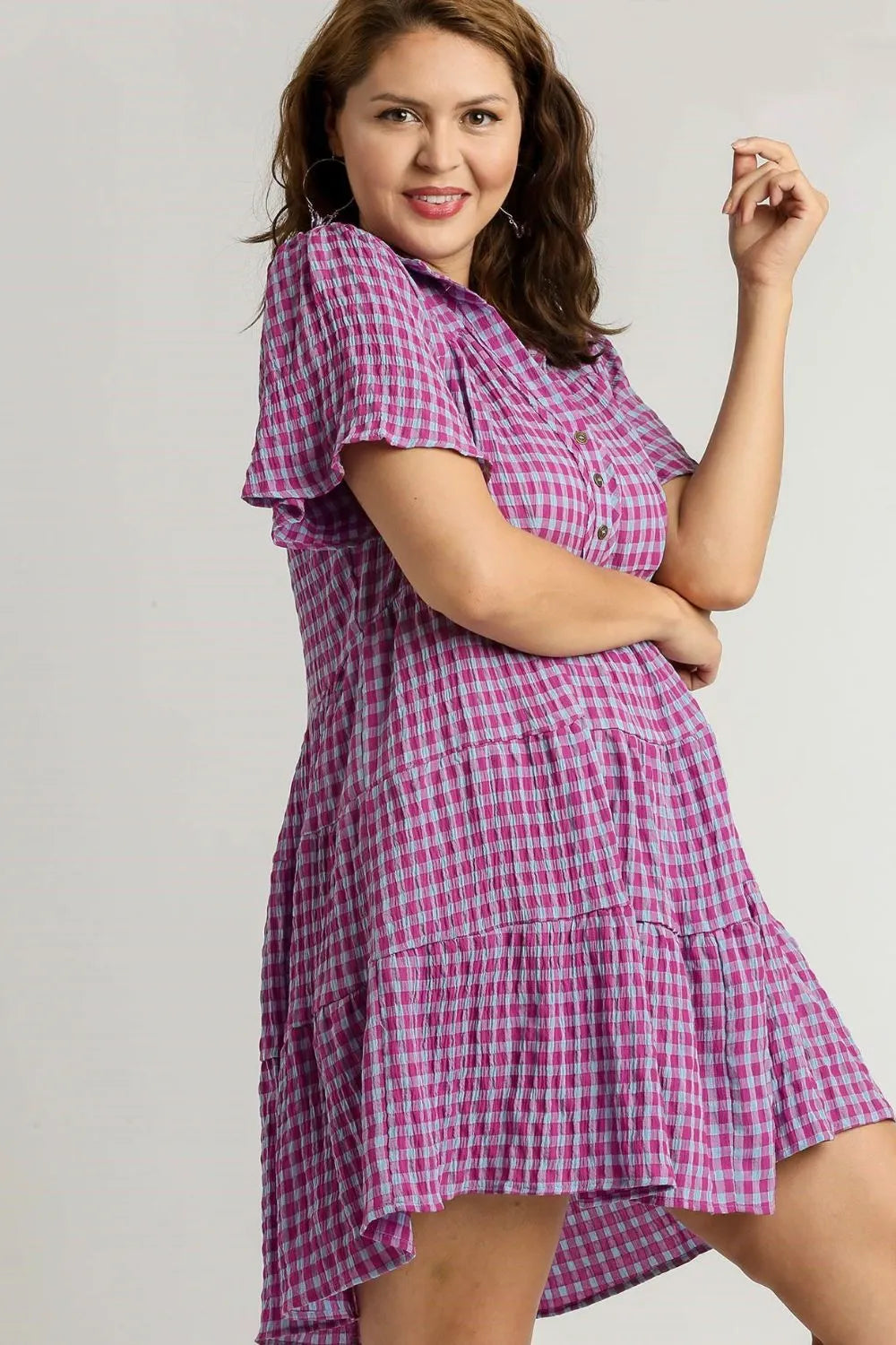 Umgee Full Size Gingham Tiered Button Detail Short Sleeve Dress Plus Size - Blushé Belle
