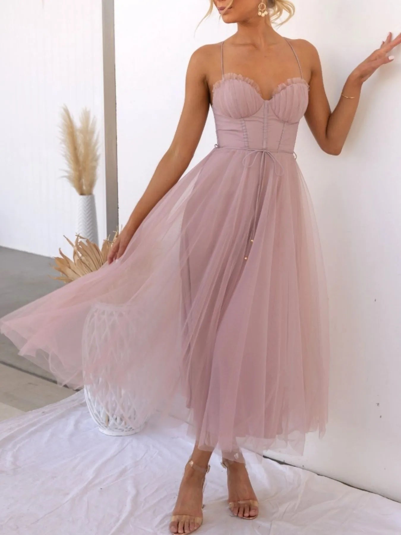Sweetheart Neck Tulle Midi Dress - Blushé Belle