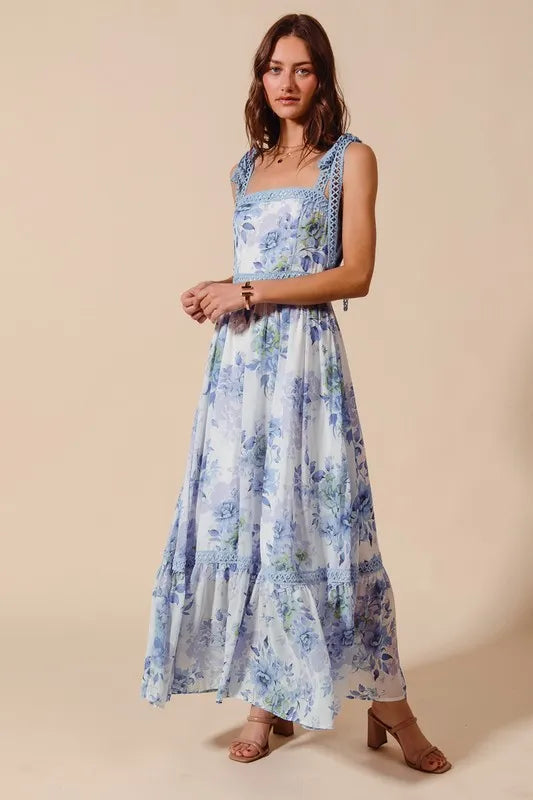 SO ME Floral Print Flowy Maxi Dress with Lace Ribbon Tie - Blushé Belle