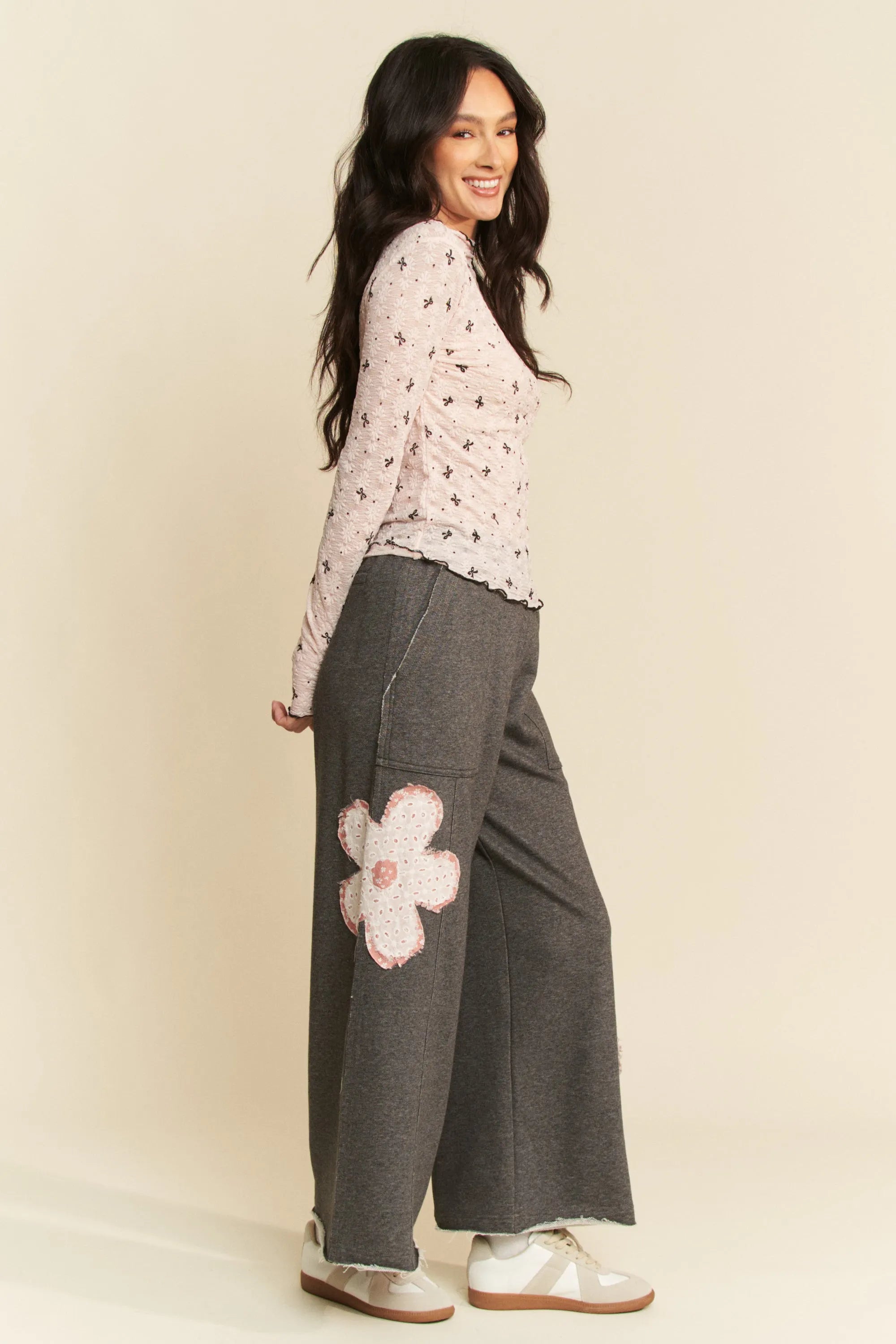 Davi & Dani Ribbon Bow Lace Hem Long Sleeve Mesh Layering Top - Blushé Belle