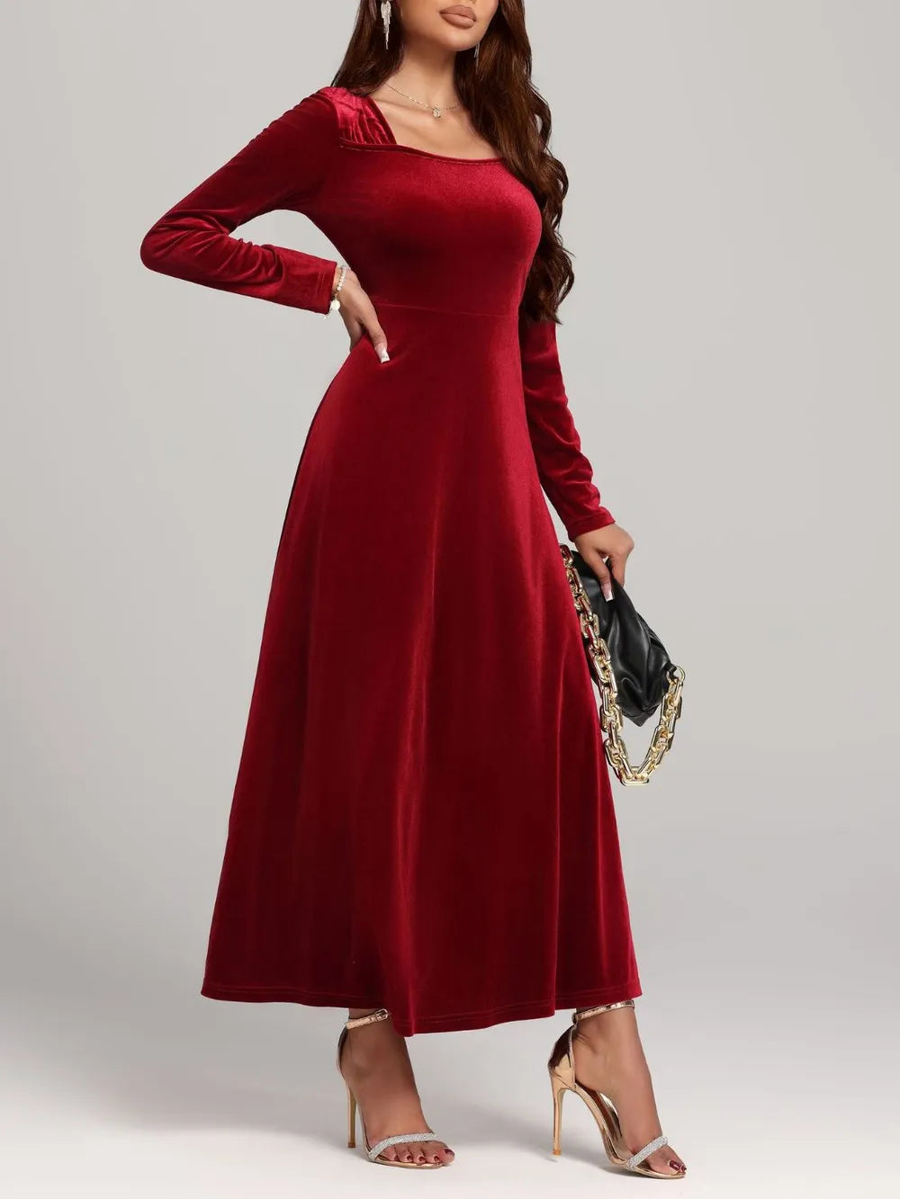 Square Neck Long Sleeve Velvet Dress - Blushé Belle