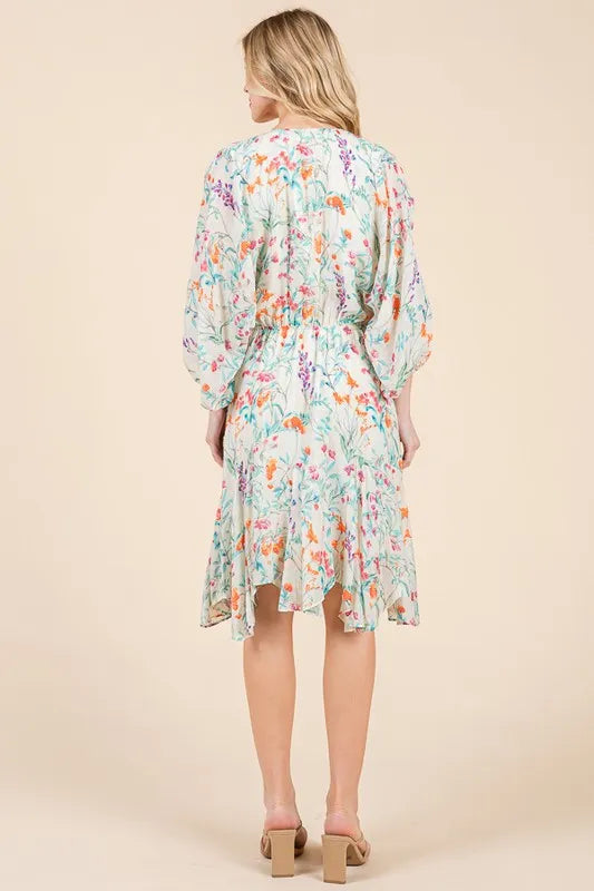 Lime 'N' Chili Floral Cinched Waist Balloon Sleeve V-Neck Dress - Blushé Belle