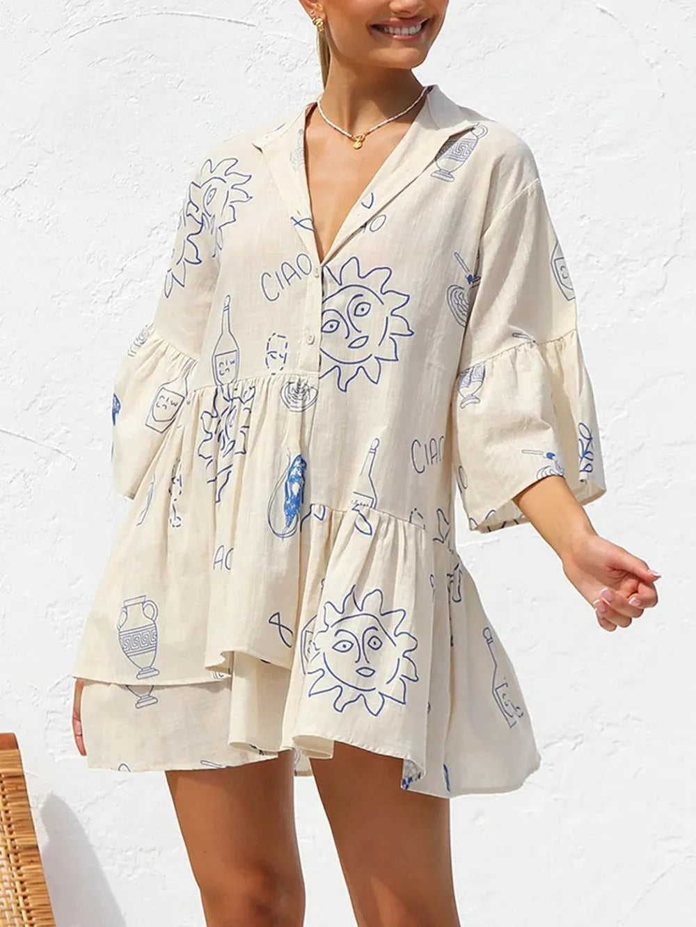 Button Detail Printed Mini Dress - Blushé Belle