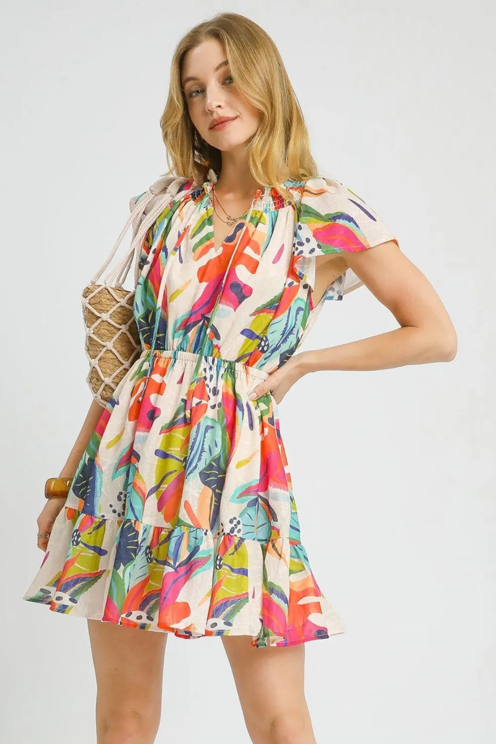 Umgee Printed Tie Neck Ruffled Hem Dress - Blushé Belle