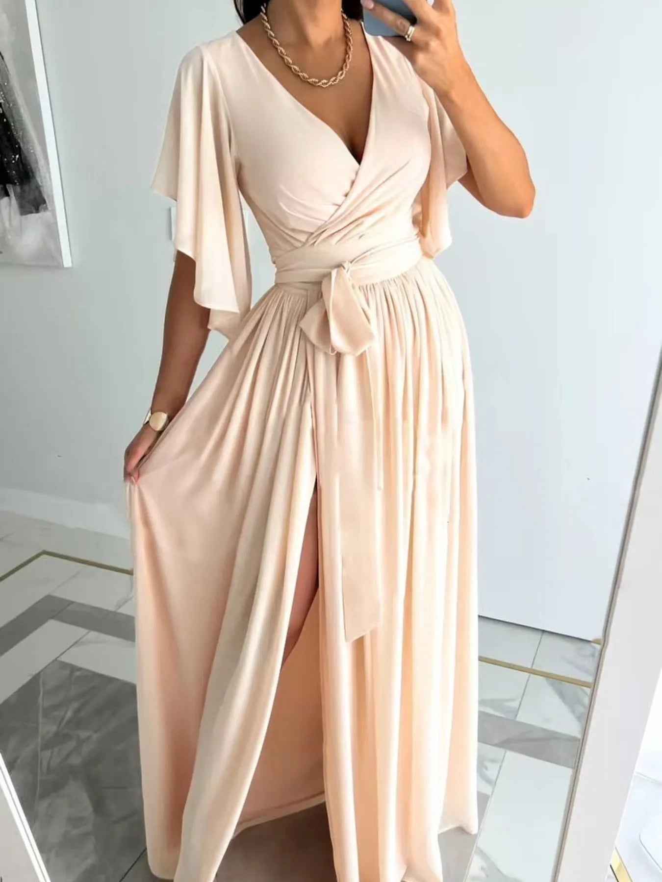 Flutter Sleeve Surplice Tie Waist Dress - Blushé Belle