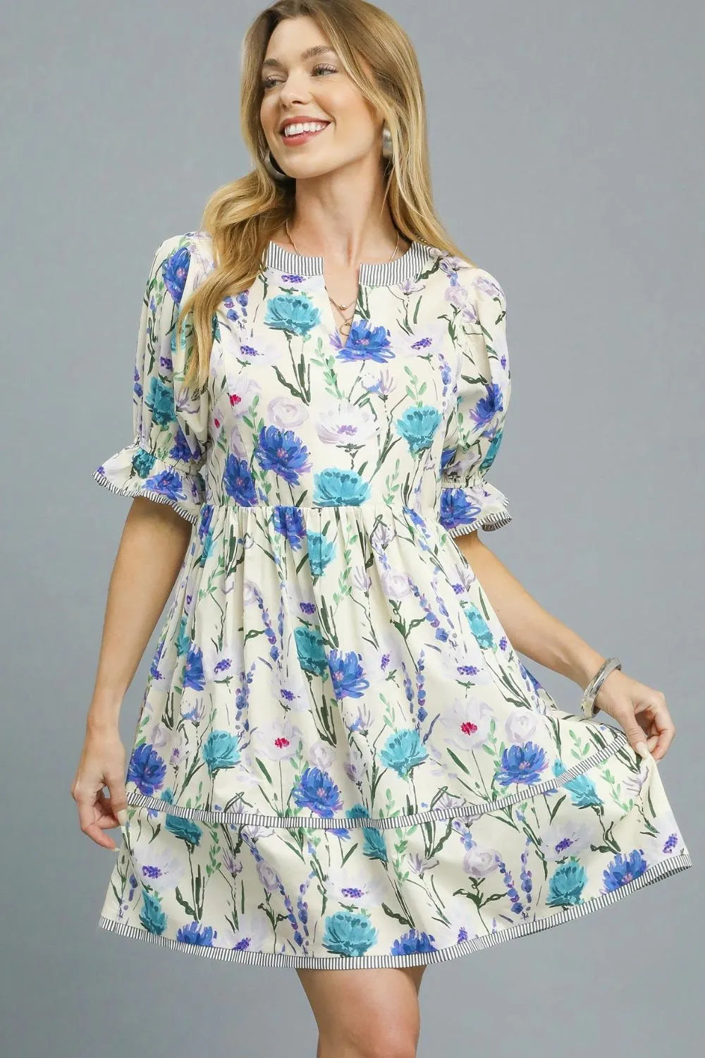Umgee BabyDoll Floral Striped Hem Mini Dress - Blushé Belle