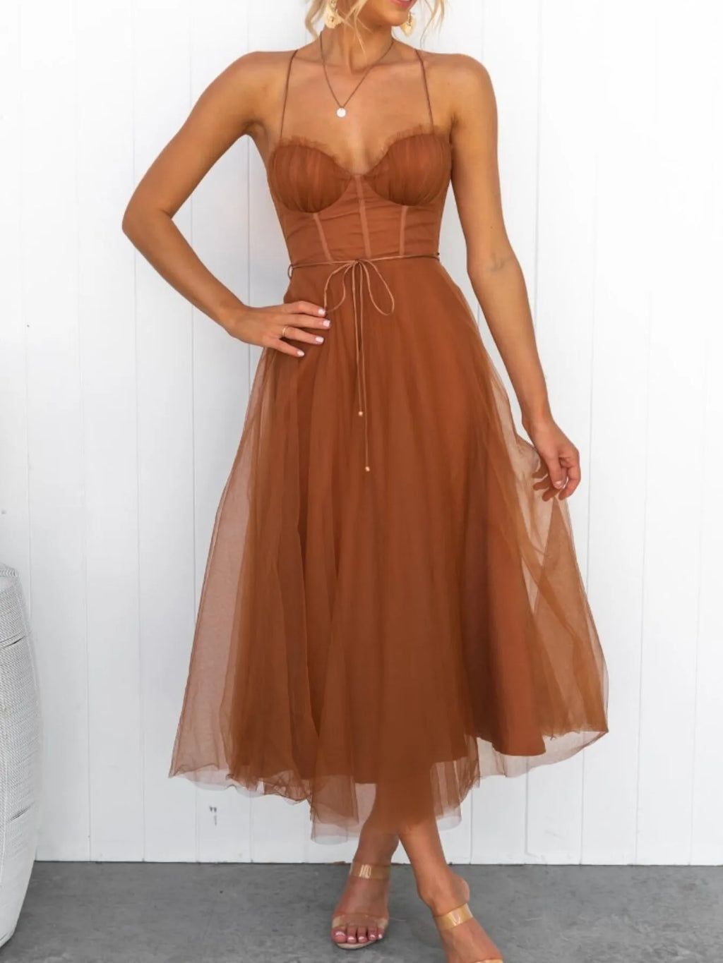 Sweetheart Neck Tulle Midi Dress - Blushé Belle