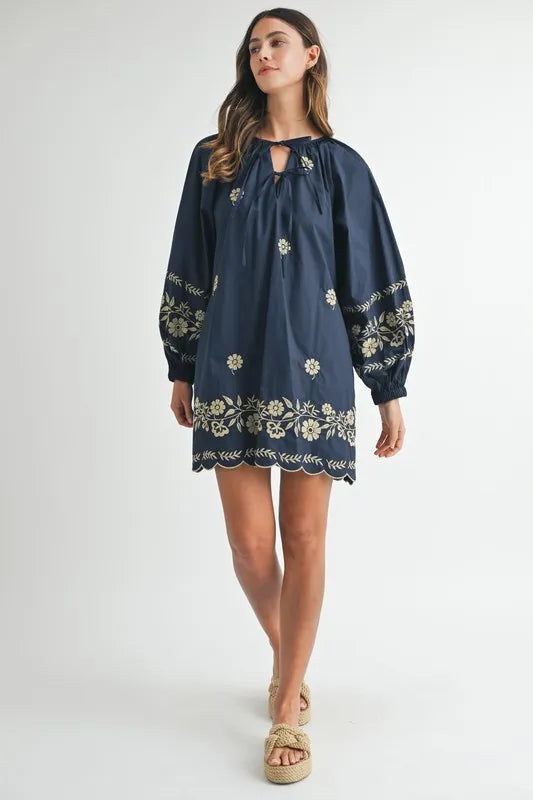 MABLE Embroidered Long Sleeve Peasant Mini Dress - Blushé Belle