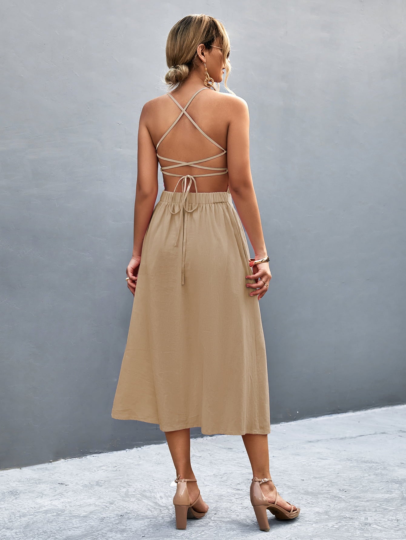 Buttoned Halter Neck Frill Trim Midi Dress - Blushé Belle
