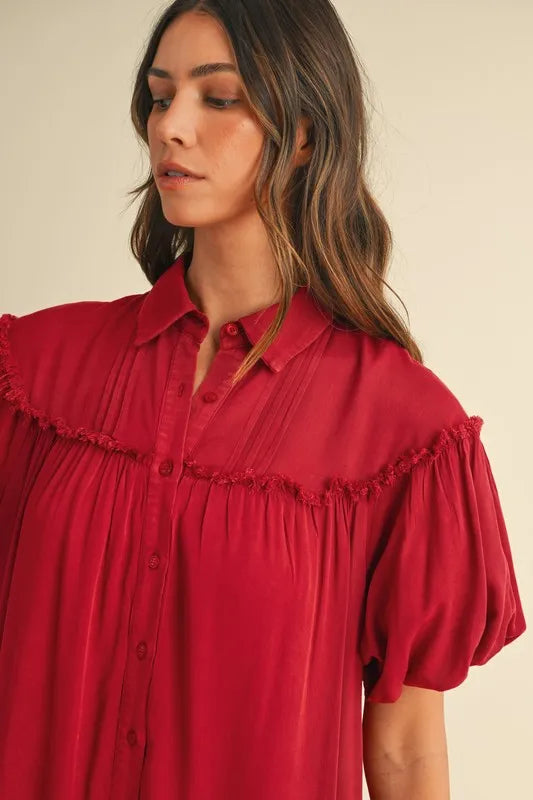 Annie Wear Mineral Washed Button Down Puff Sleeve Shirt Dress - Blushé Belle