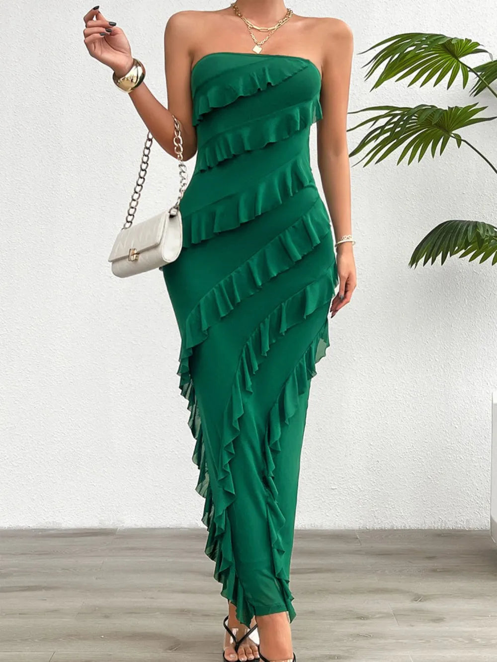 Devine Ruffled Slit Back Tube Maxi Dress - Blushé Belle
