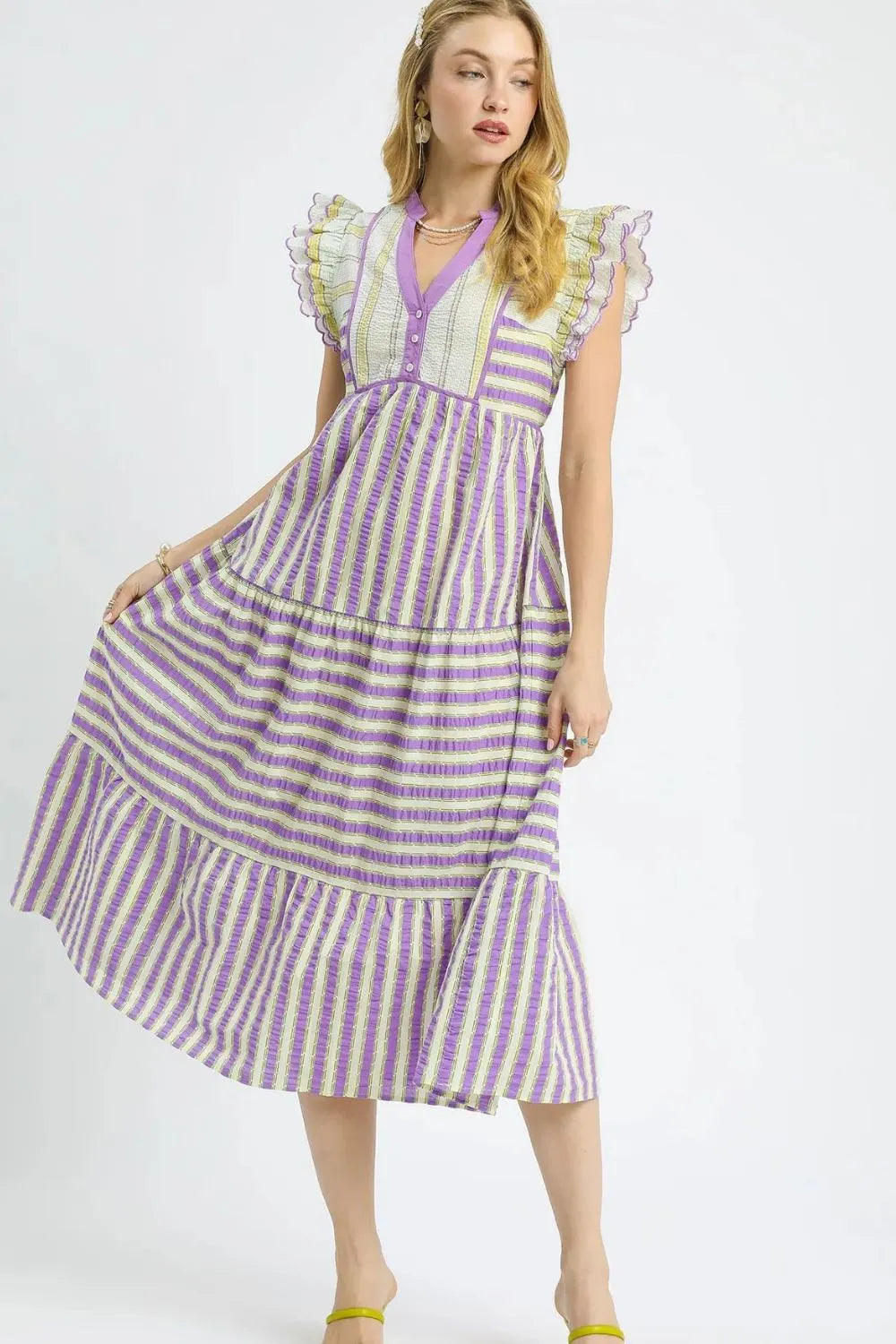 Umgee Striped Ruffle Cap Sleeve Midi Dress - Blushé Belle