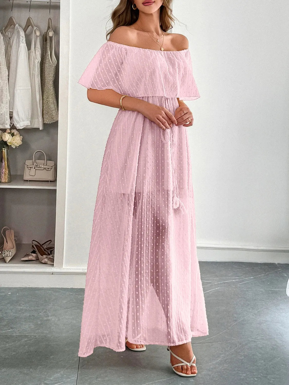 Swiss Dot Off Shoulder Maxi Dress - Blushé Belle