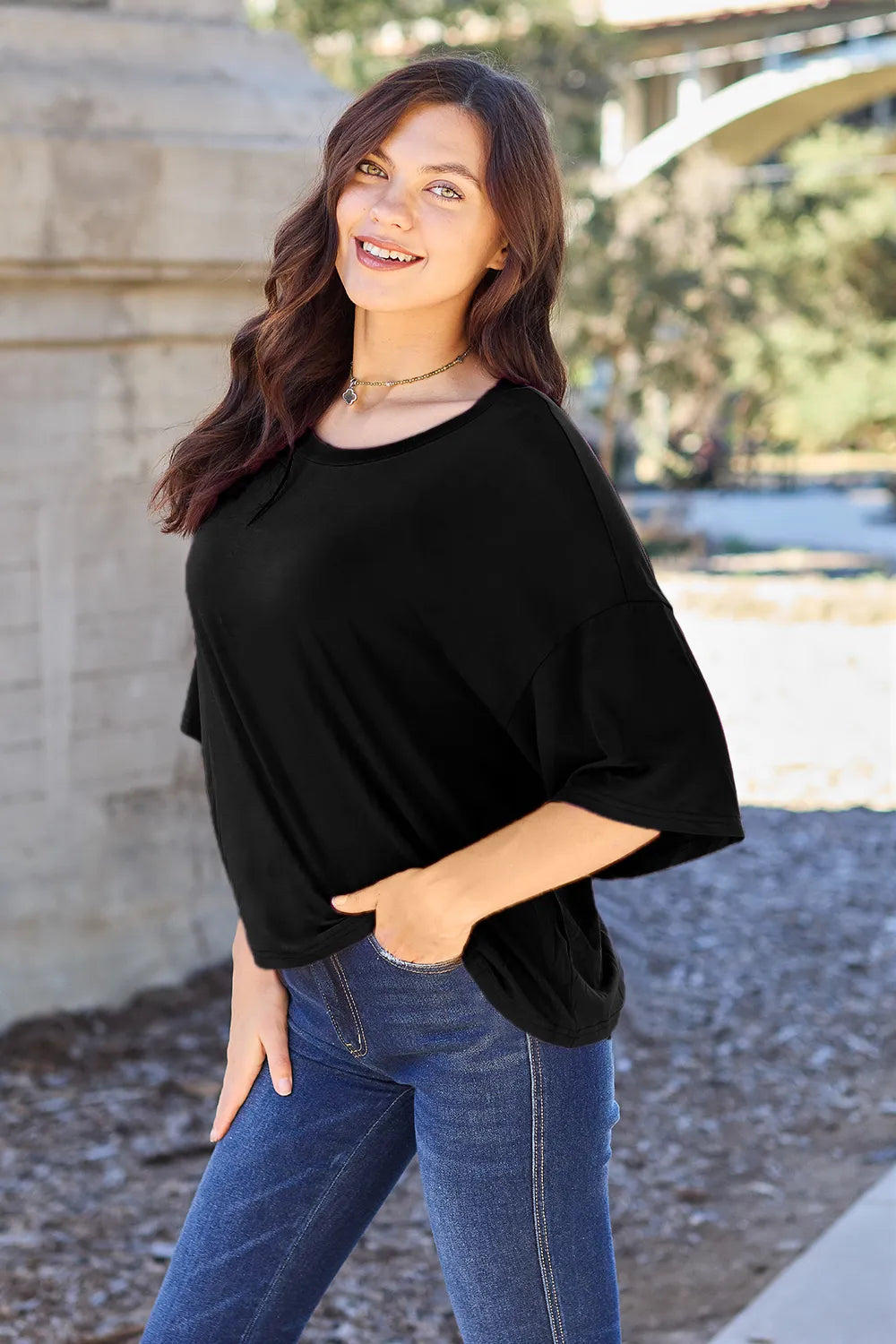 Basic Bae Bamboo Full Size Round Neck Drop Shoulder T-Shirt - Blushé Belle