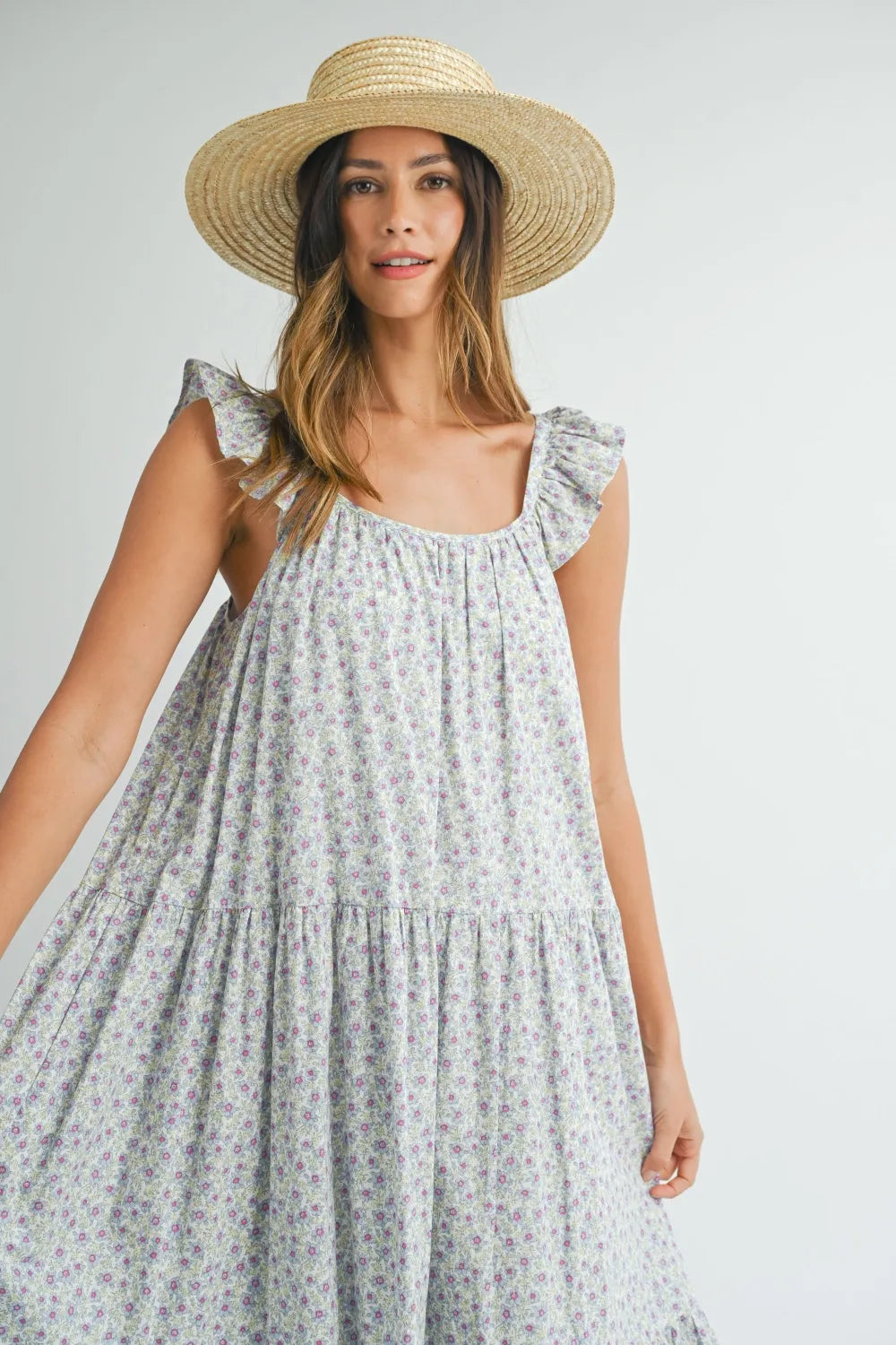 MABLE Floral Ruffle Shoulder Tiered Midi Dress - Blushé Belle