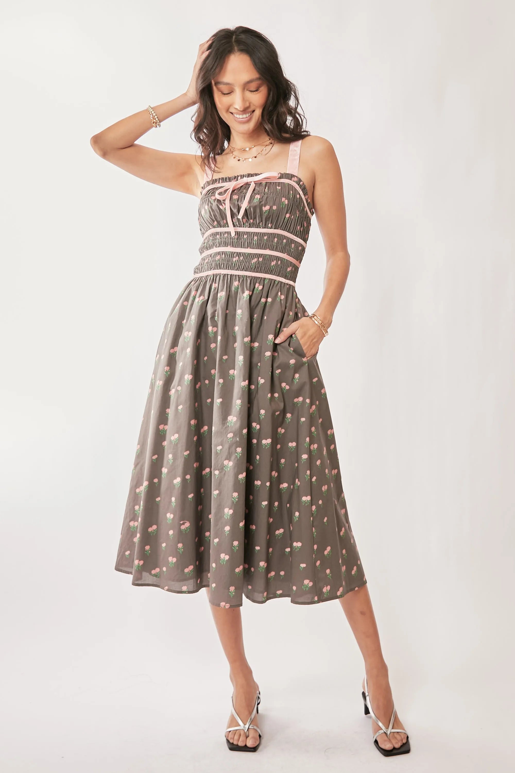 Davi & Dani Contrast Velvet Tape Smocking Bodice Midi Dress - Blushé Belle