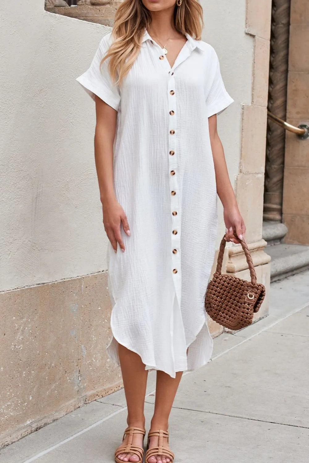 Button Down Short Sleeve Midi Shirt Dress - Blushé Belle