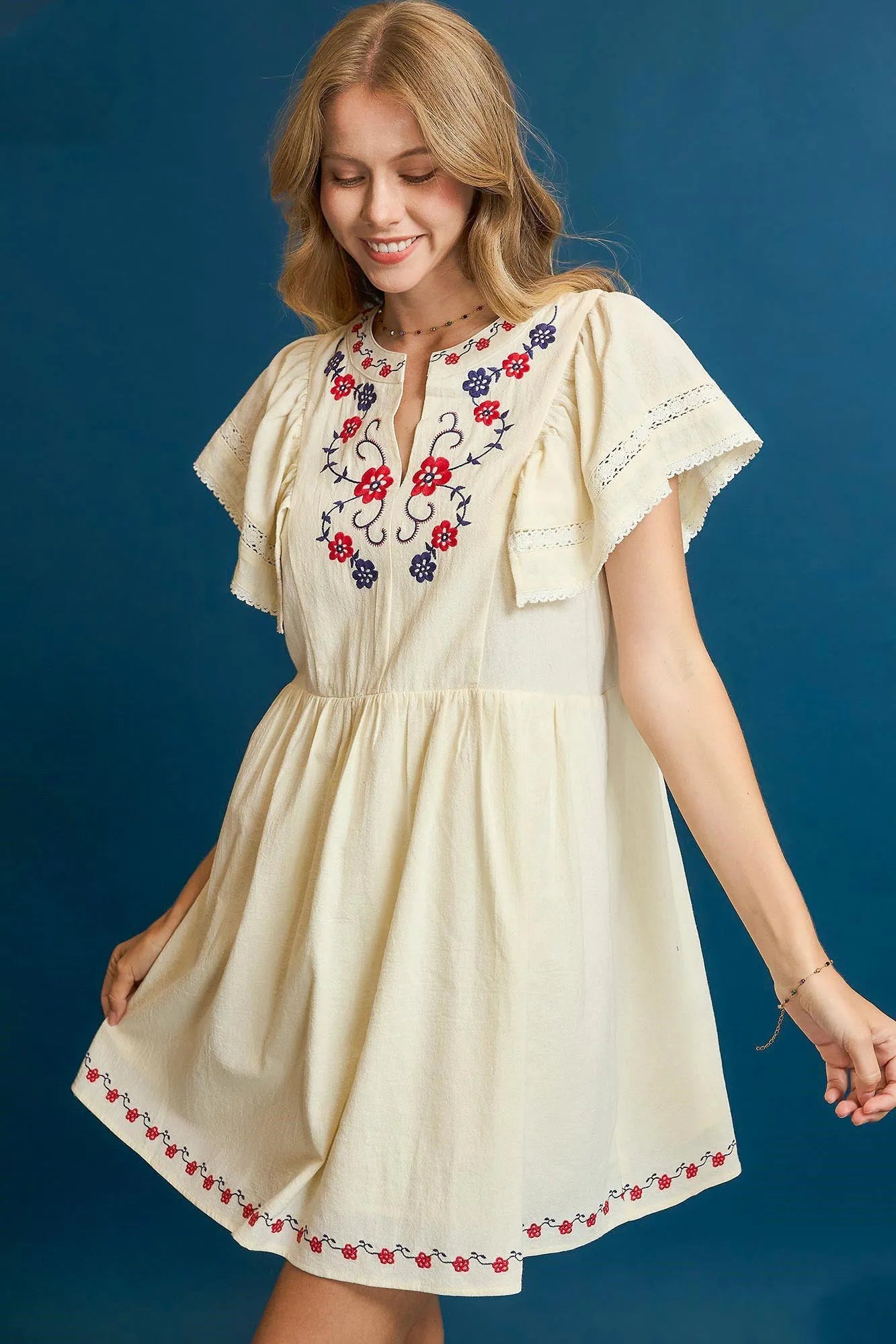 Umgee Embroidered Floral Flutter Sleeve Mini Dress - Blushé Belle
