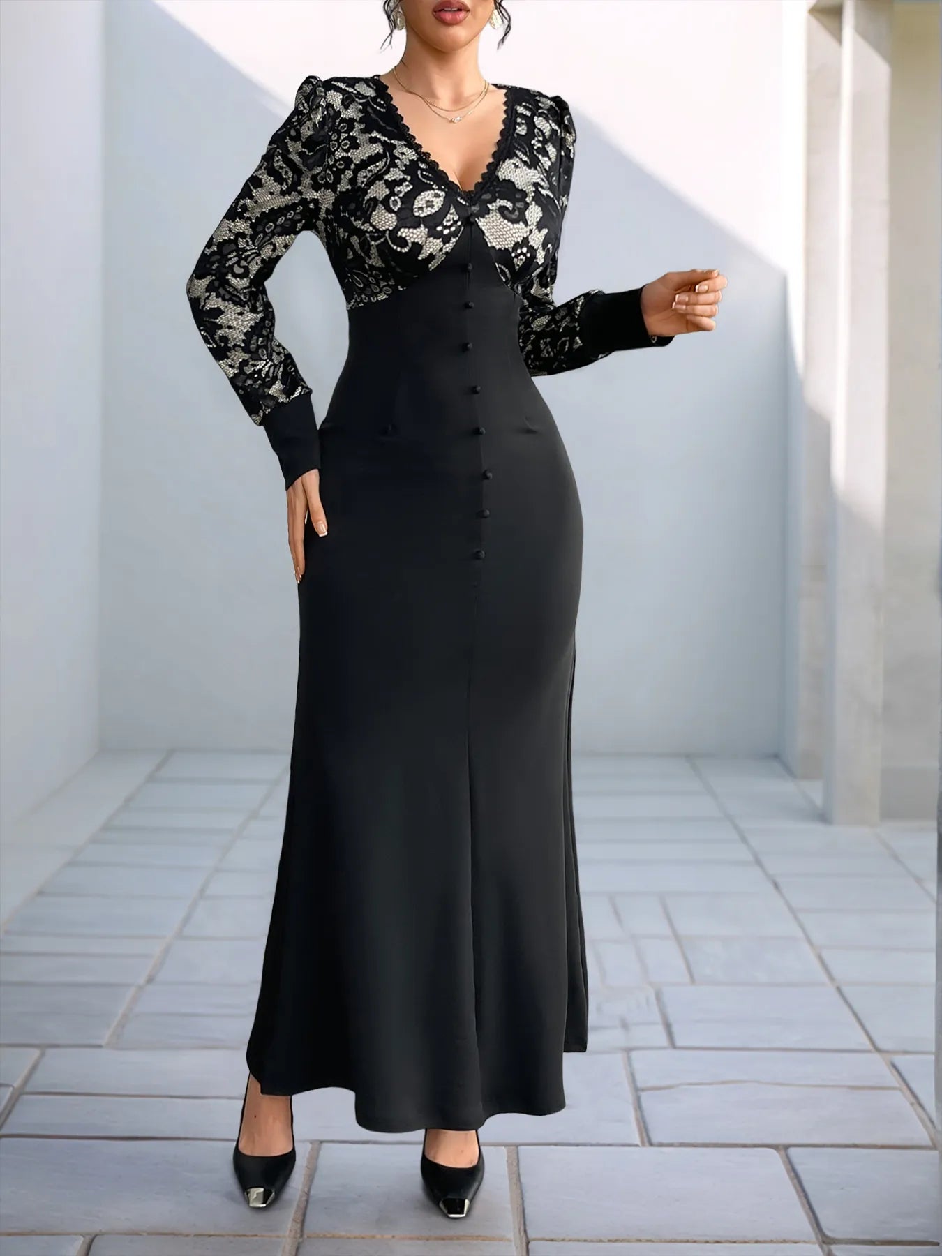 Lace V-Neck Long Sleeve Maxi Dress - Blushé Belle