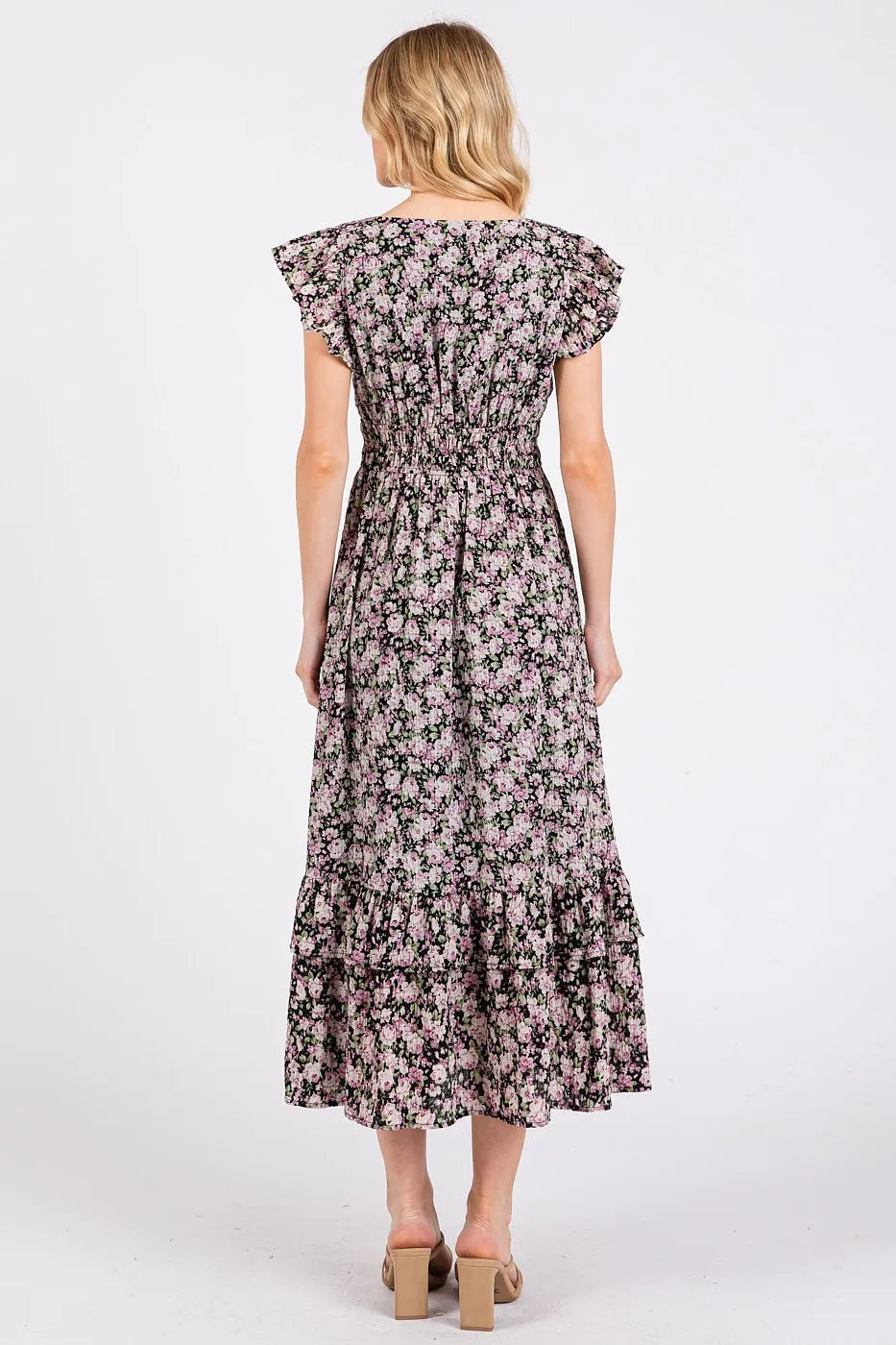 Mittoshop Flower Print Ruffle Cap Sleeve V-neck Midi Dress - Blushé Belle