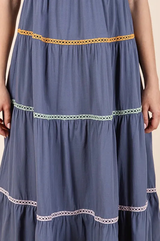 Lime 'N' Chili Trim Detail Puff Sleeve Tiered Maxi Dress - Blushé Belle