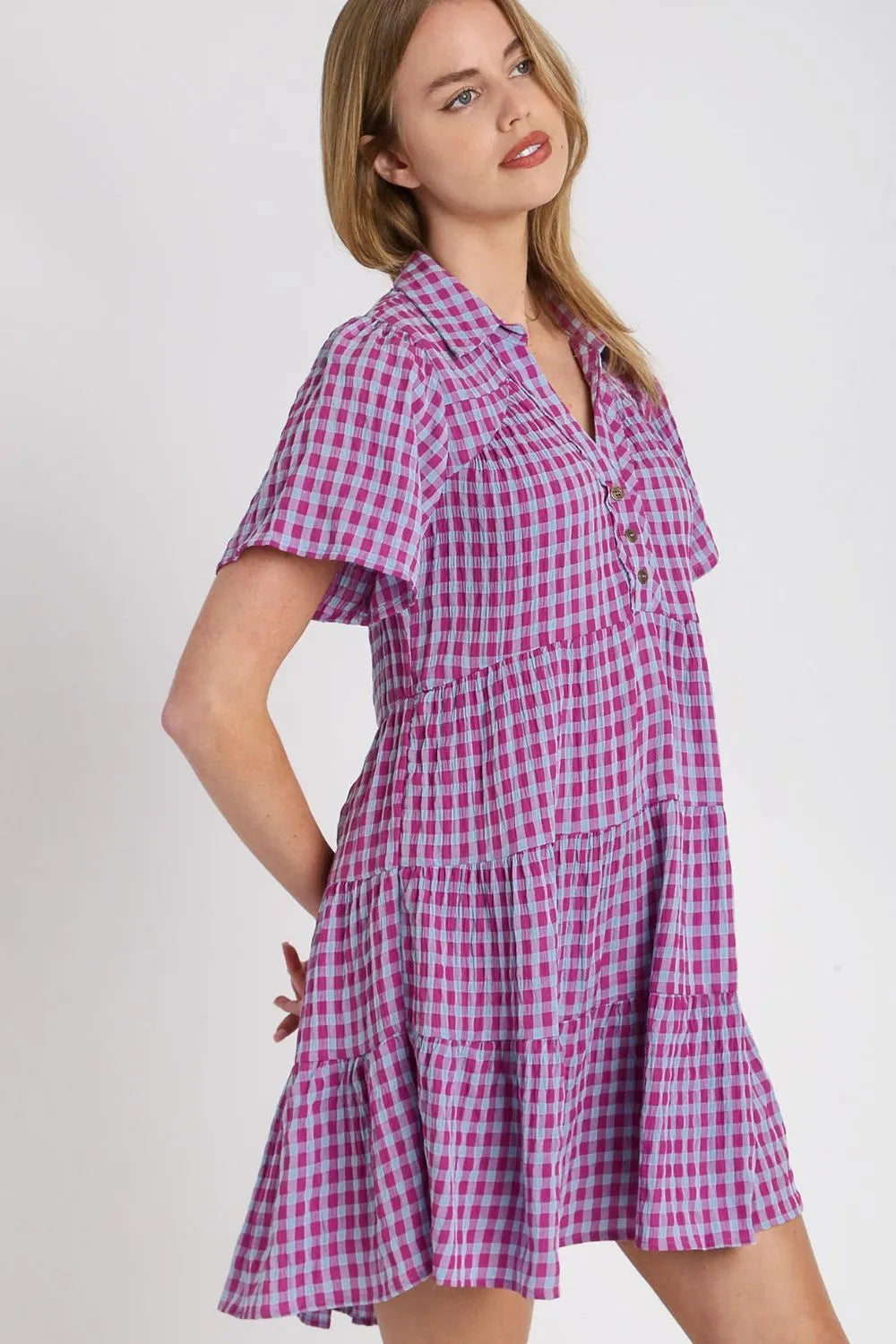 Umgee Full Size Gingham Tiered Button Detail Short Sleeve Dress Plus Size - Blushé Belle