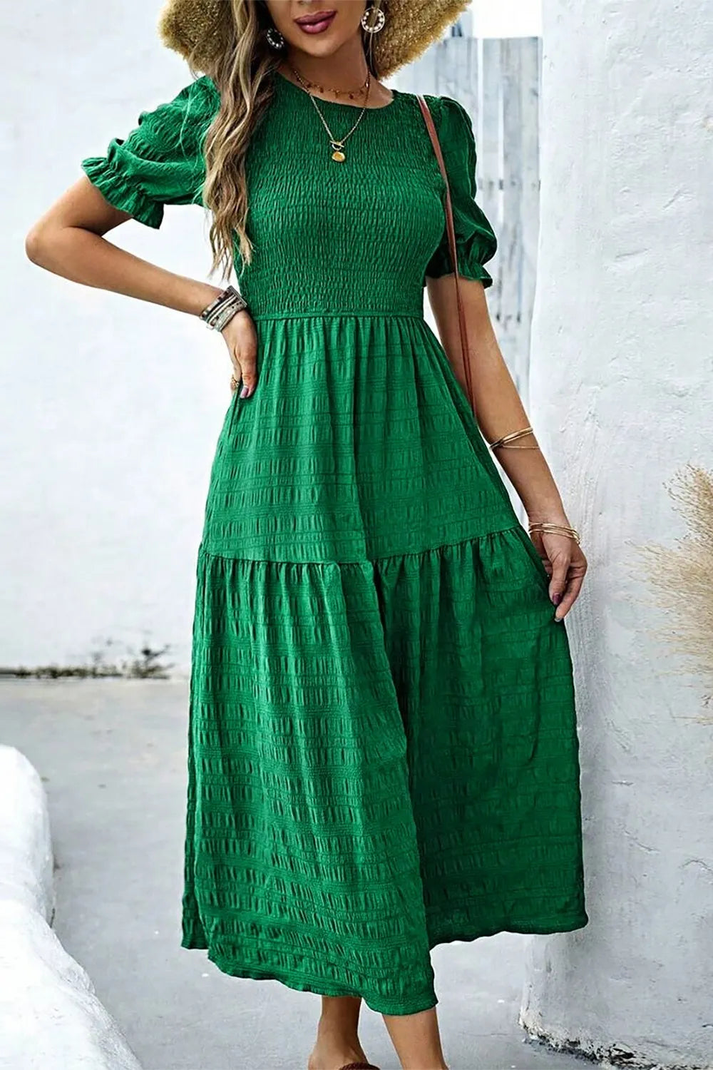 Smocked Puff Sleeve Midi Dress - Blushé Belle