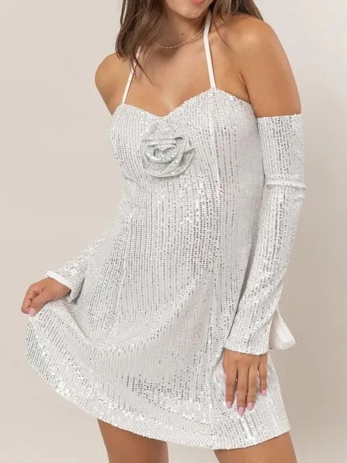 HYFVE Sequin Rosette Halter Mini Dress - Blushé Belle