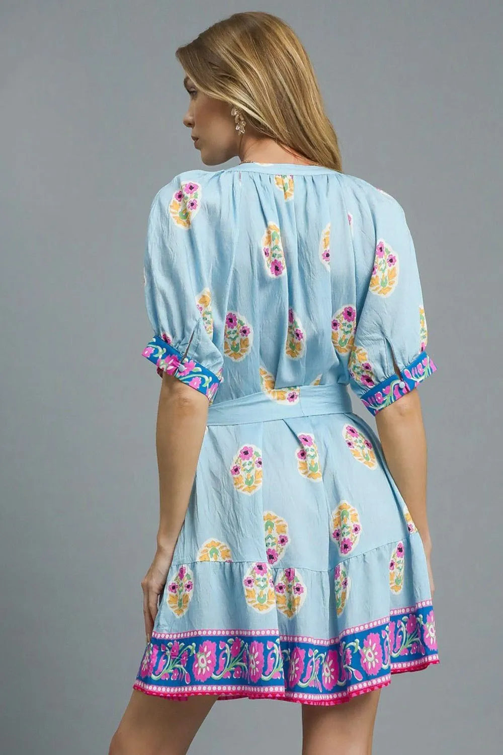 Umgee Floral Print Tie Waist Short Sleeve Dress - Blushé Belle