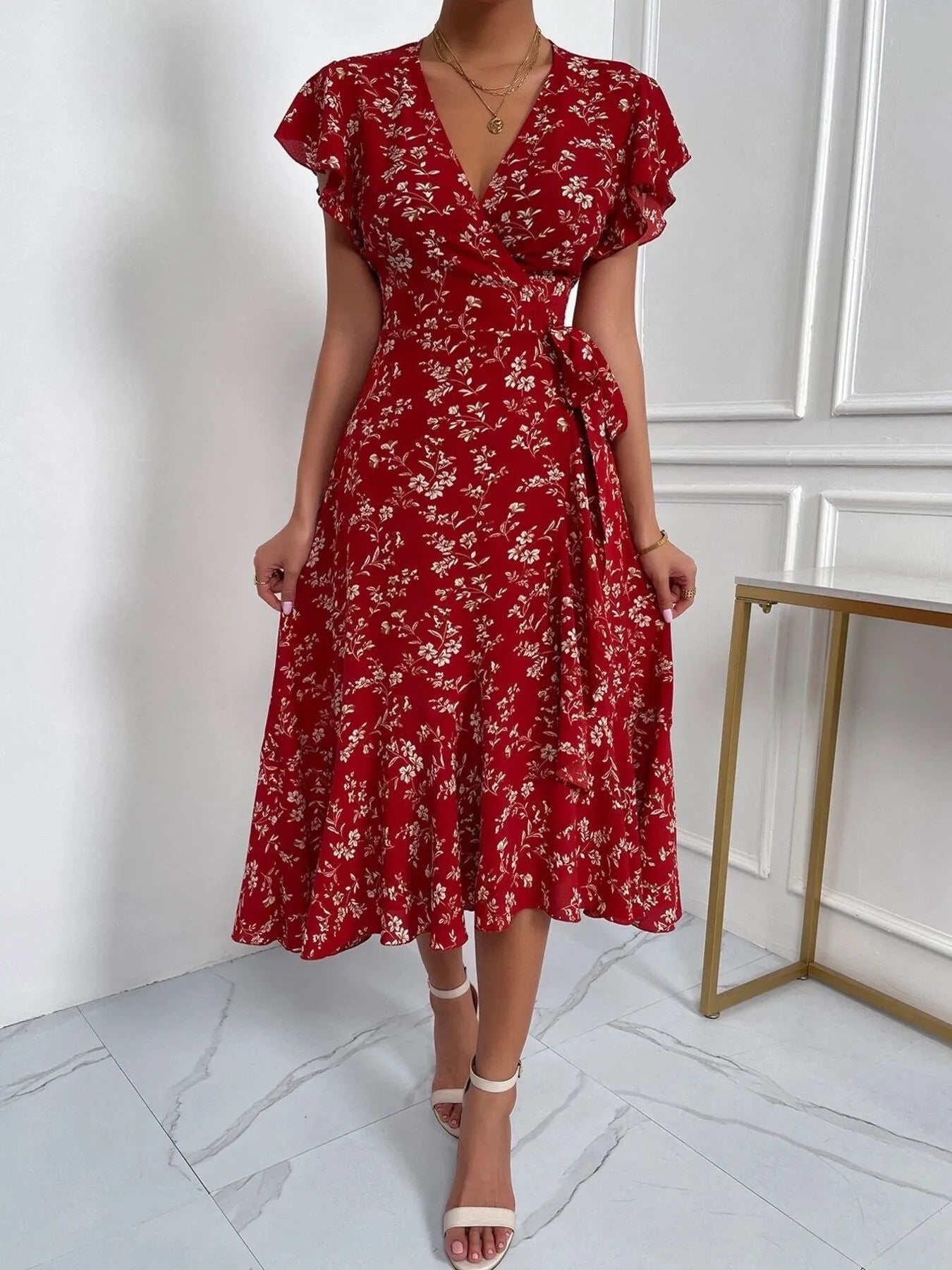 Floral Ruffle Sleeves Midi Dress - Blushé Belle