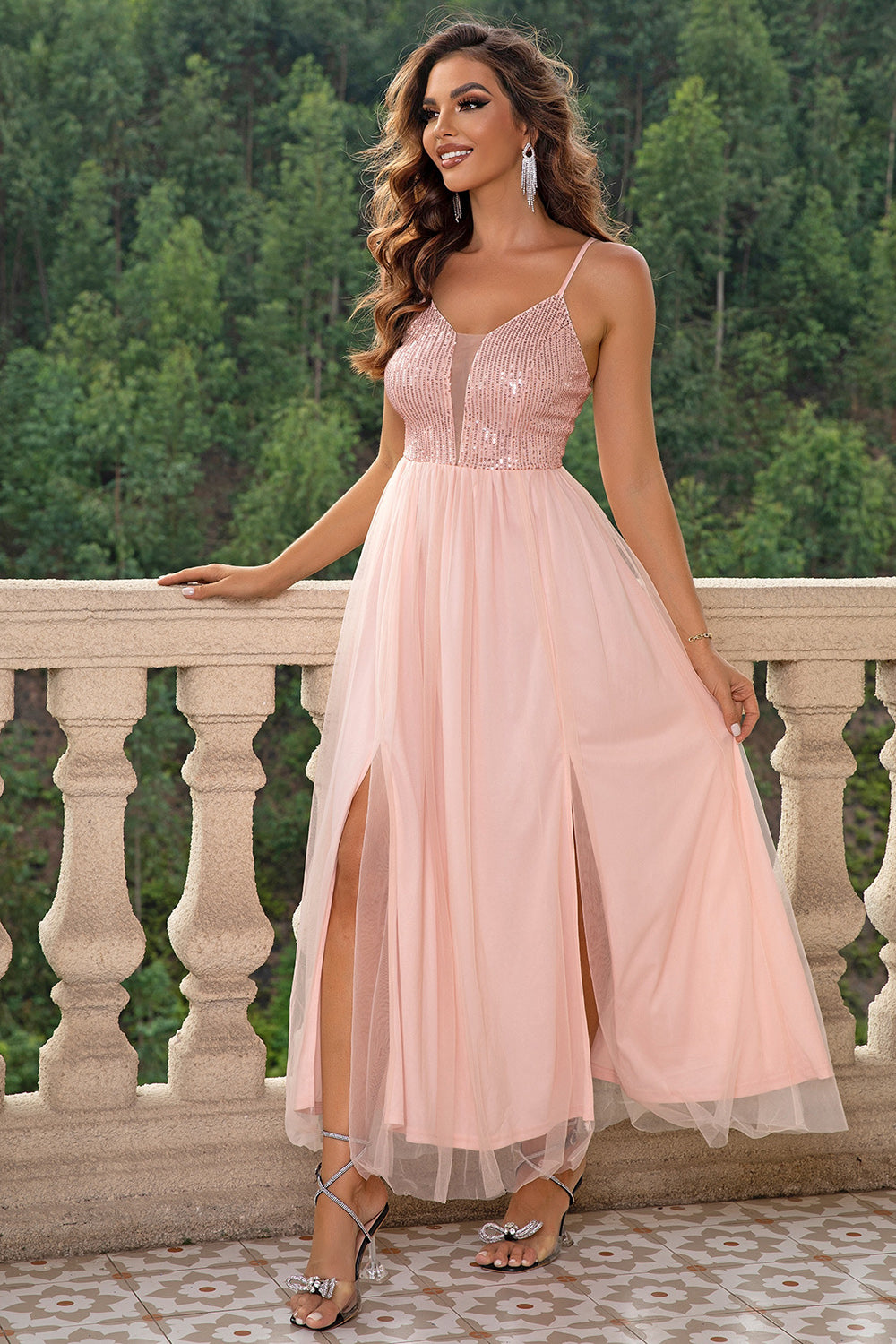 Spaghetti Strap Slit Mesh Dress - Blushé Belle