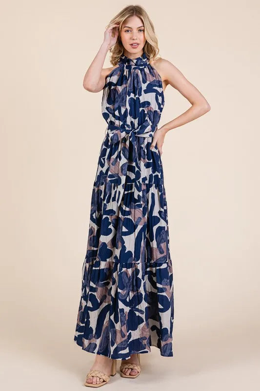 Lime 'N' Chili Abstract Halter Neck Tie-Waist Tiered Maxi Dress - Blushé Belle
