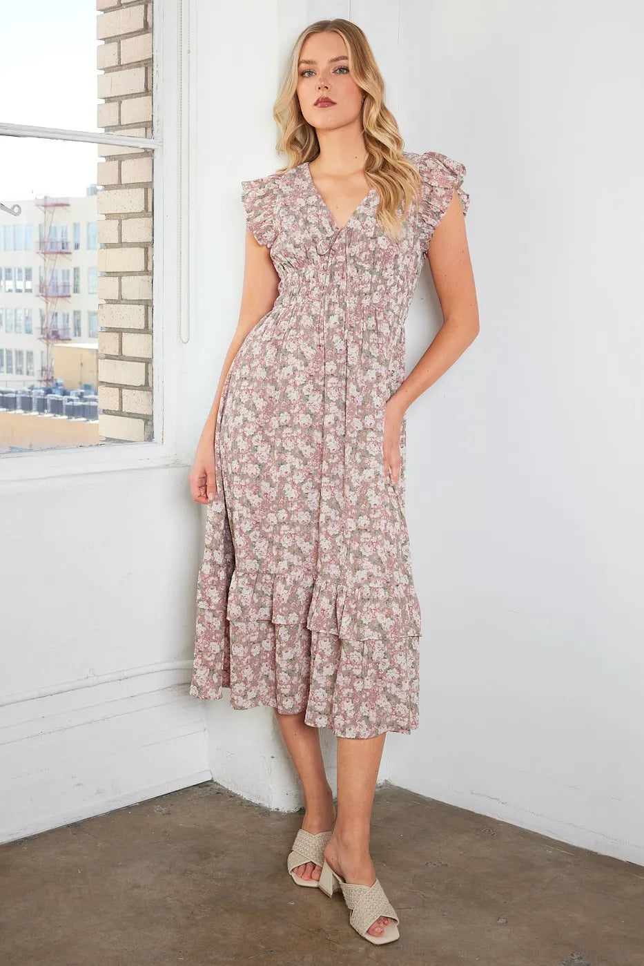 Mittoshop Flower Print Ruffle Cap Sleeve V-neck Midi Dress - Blushé Belle