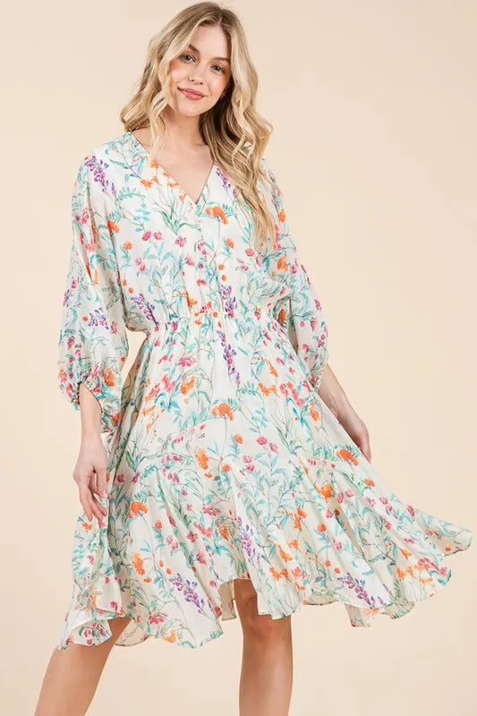 Lime 'N' Chili Floral Cinched Waist Balloon Sleeve V-Neck Dress - Blushé Belle