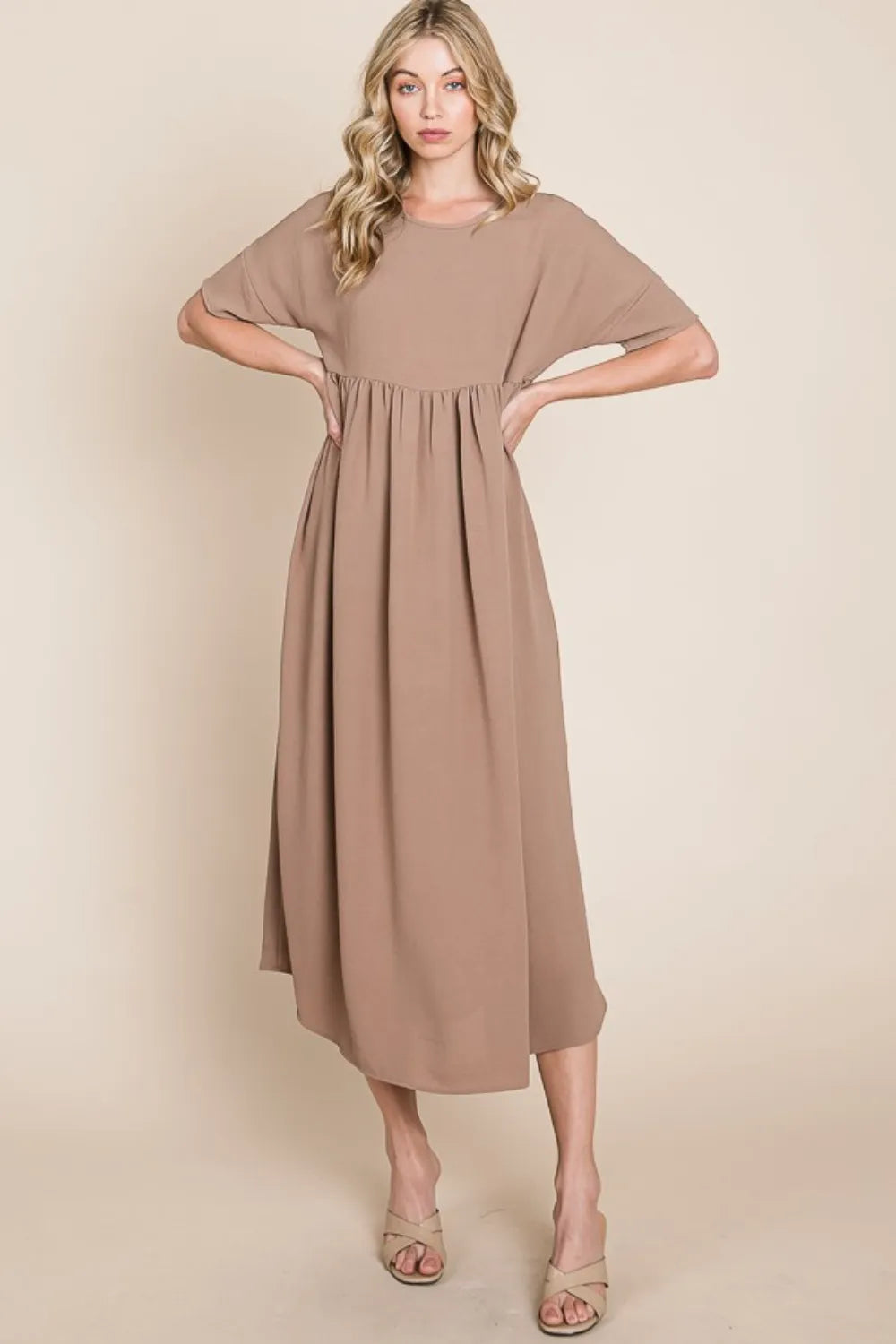 BOMBOM Round Neck Ruched Midi Dress - Blushé Belle