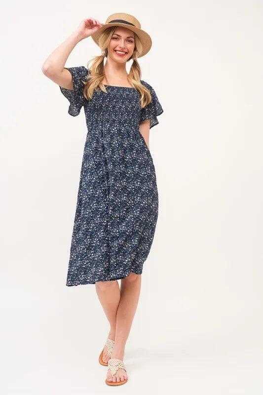 Lime 'N' Chili Smocked Floral Print Flutter Sleeve Midi Dress - Blushé Belle