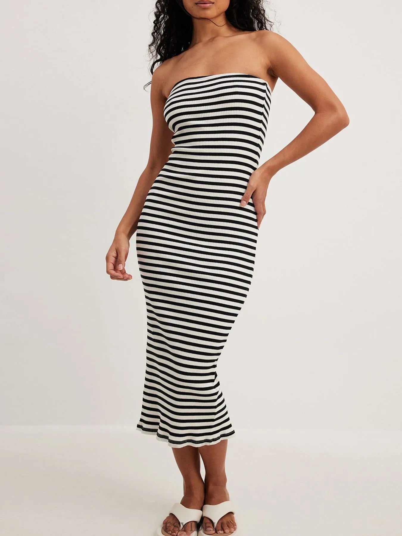 Slit Back Striped Strapless Bodycon Midi Dress - Blushé Belle