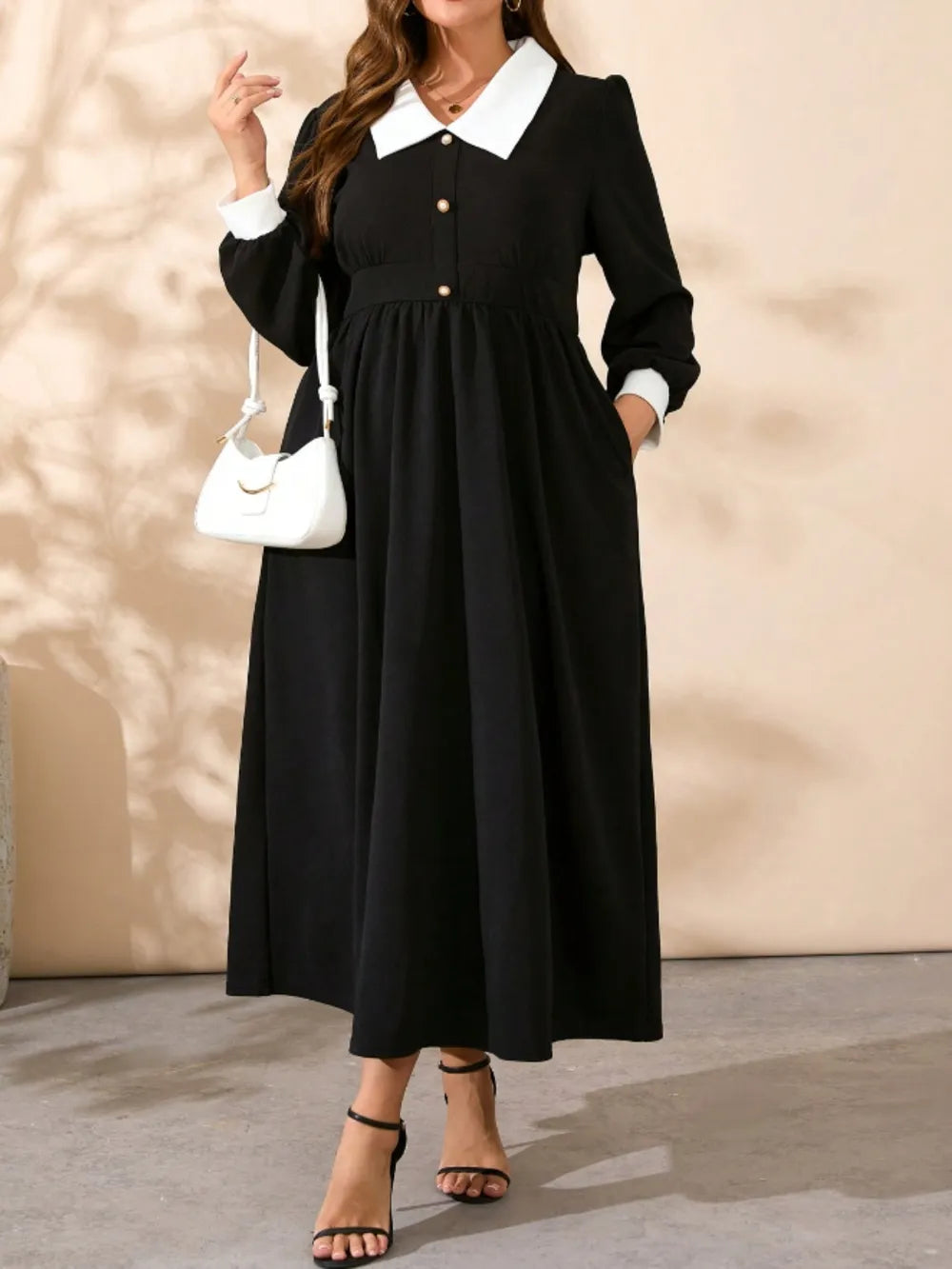 Plus Size Contrast Collared Neck Long Sleeve Midi Dress - Blushé Belle