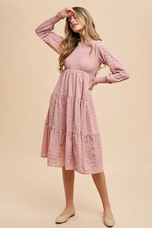 Annie Wear Textured Smocking Bodice Tiered Midi Dress - Blushé Belle