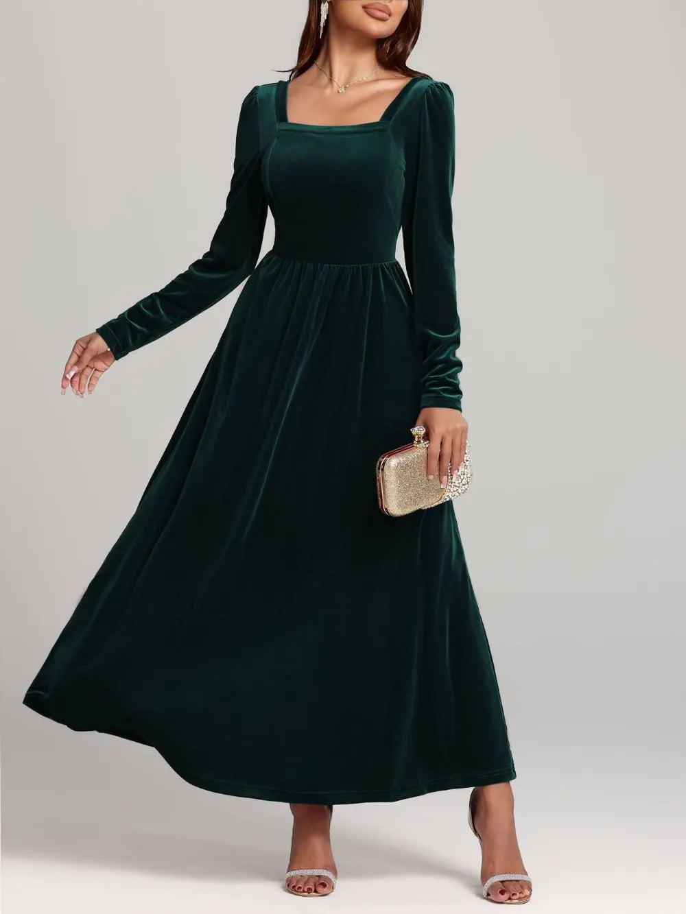 Velvet Square Neck Long Sleeve Dress - Blushé Belle
