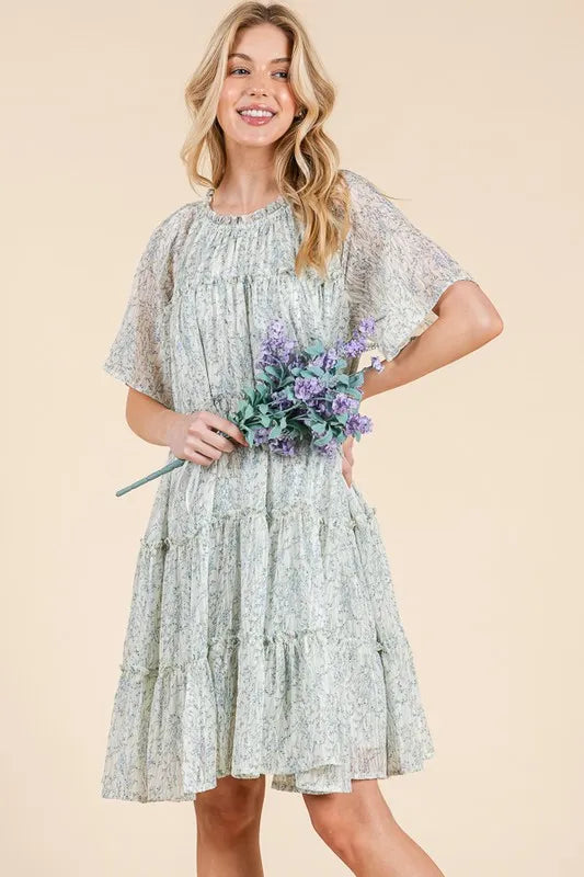 Lime 'N' Chili Ditsy Floral Print Sheer Ruffle Detail Mini Dress - Blushé Belle