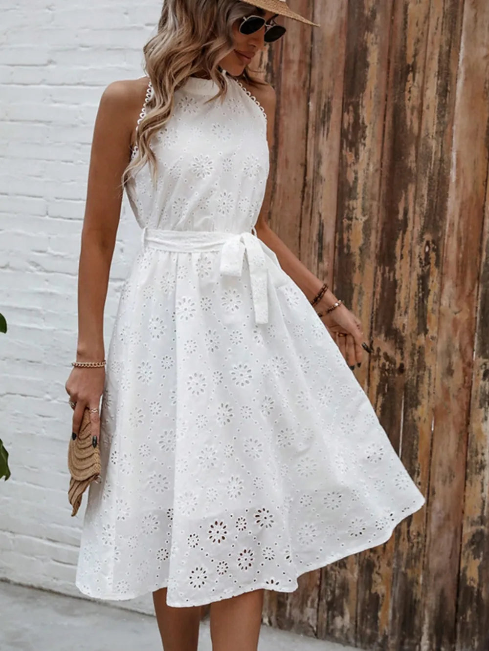 Eyelet Grecian Neck Tie Waist Midi Dress - Blushé Belle