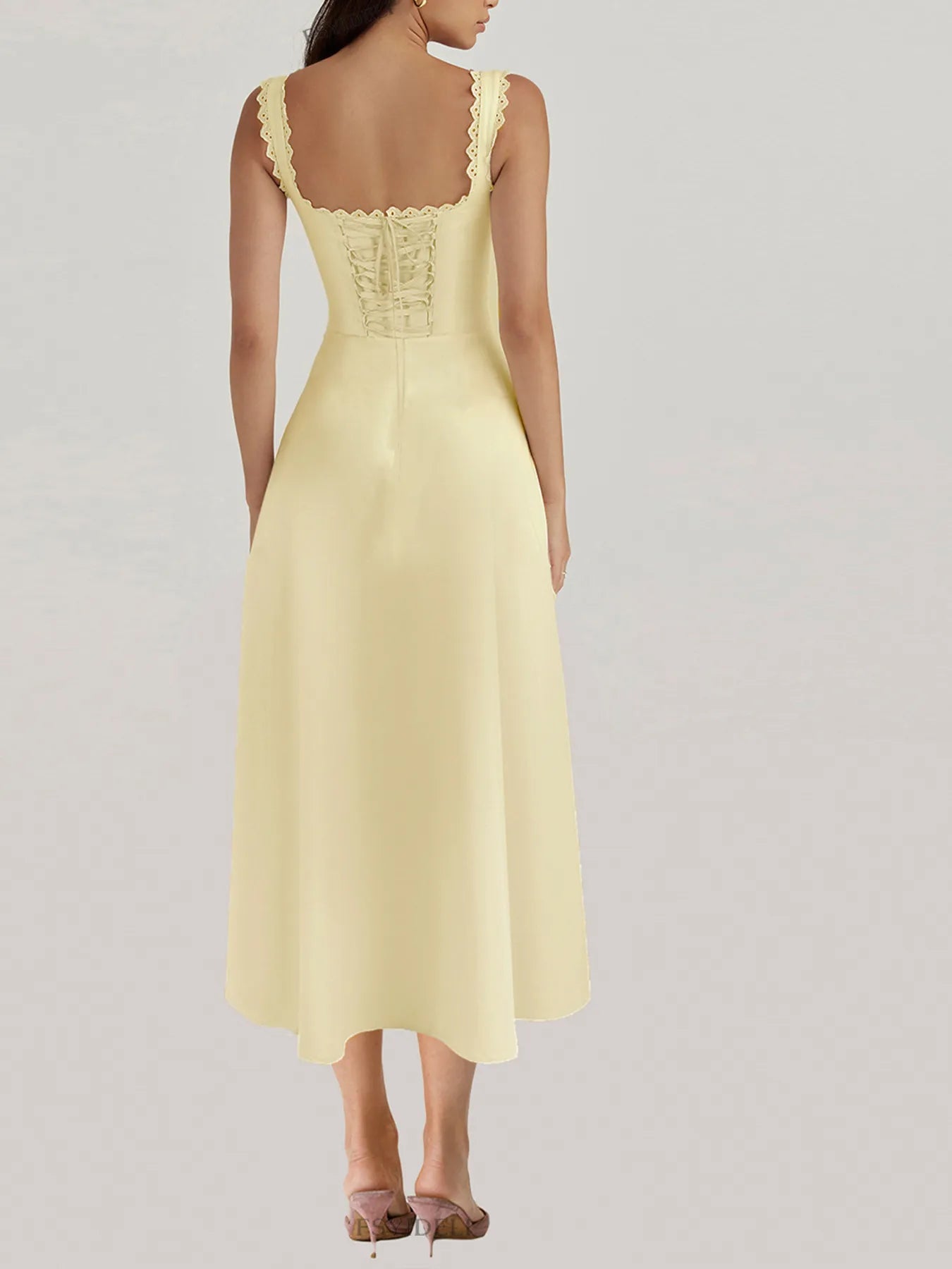 Scalloped V-Neck Midi Dress with Back Lace-Up - Blushé Belle